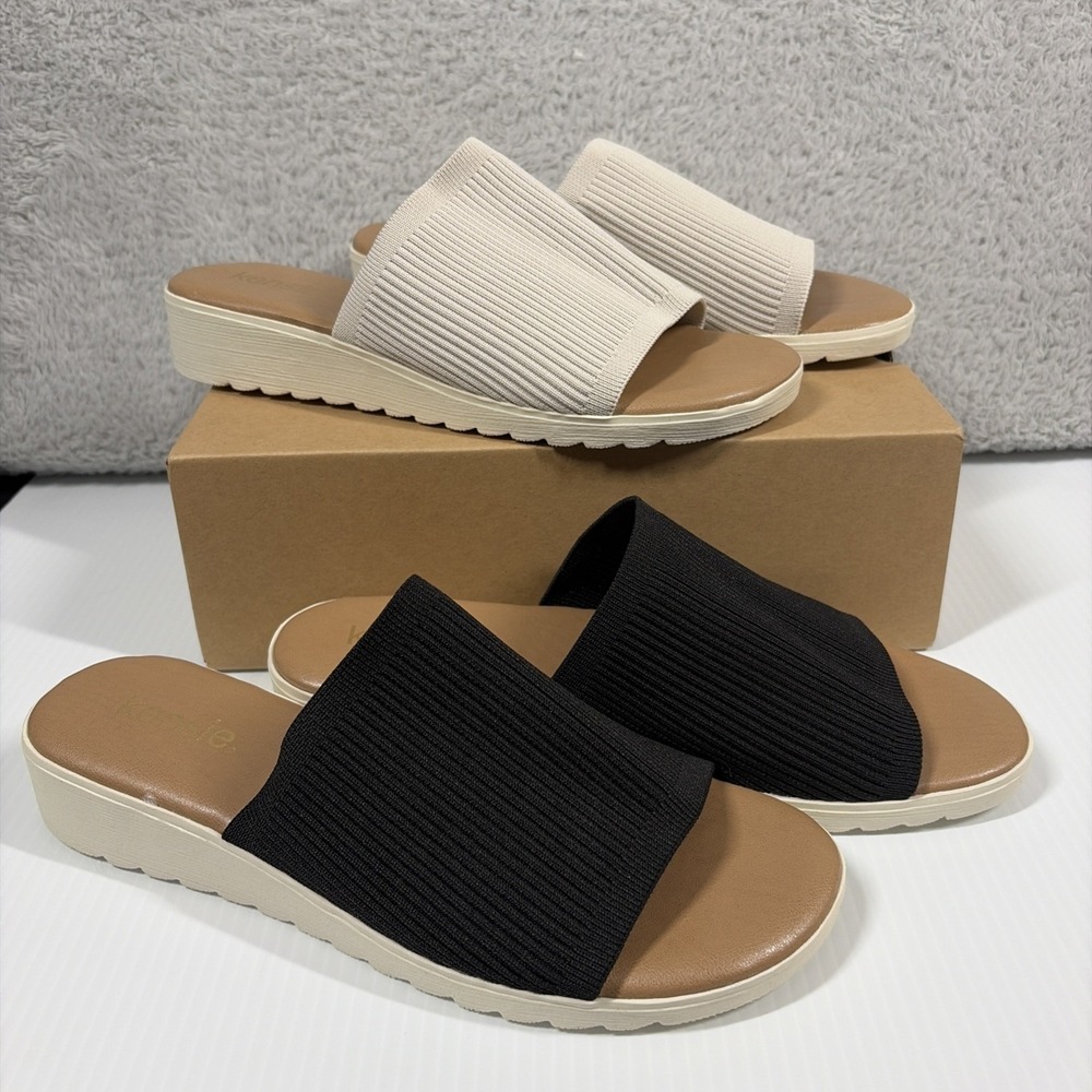 Kensie Women's Ellie Wedge Slide Sandals Bundle Lot of 2 Ivory Black 8M NEW